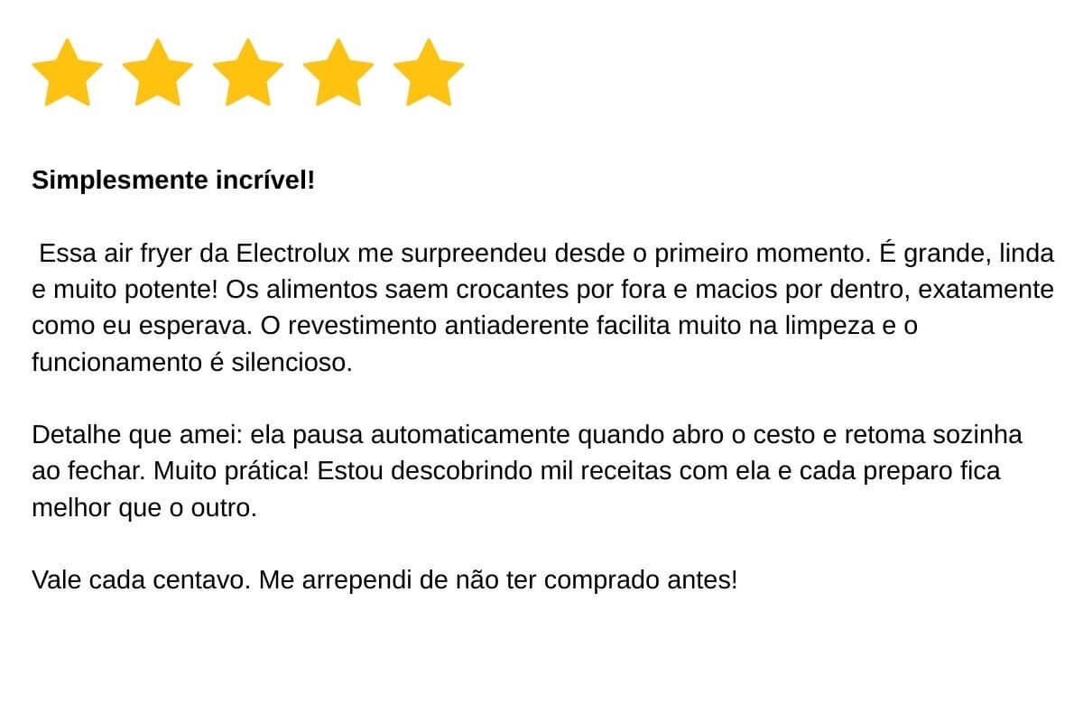 Air fryer Electrolux Rita Lobo Eaf50 5L é boa? Air fryer Electrolux Rita Lobo Eaf50 5L é boa? Depoimento falando que amou a air fryer, achou silenciosa, desligamento automatico, quando abre para de funcionar e quando fecha retoma onde parou.