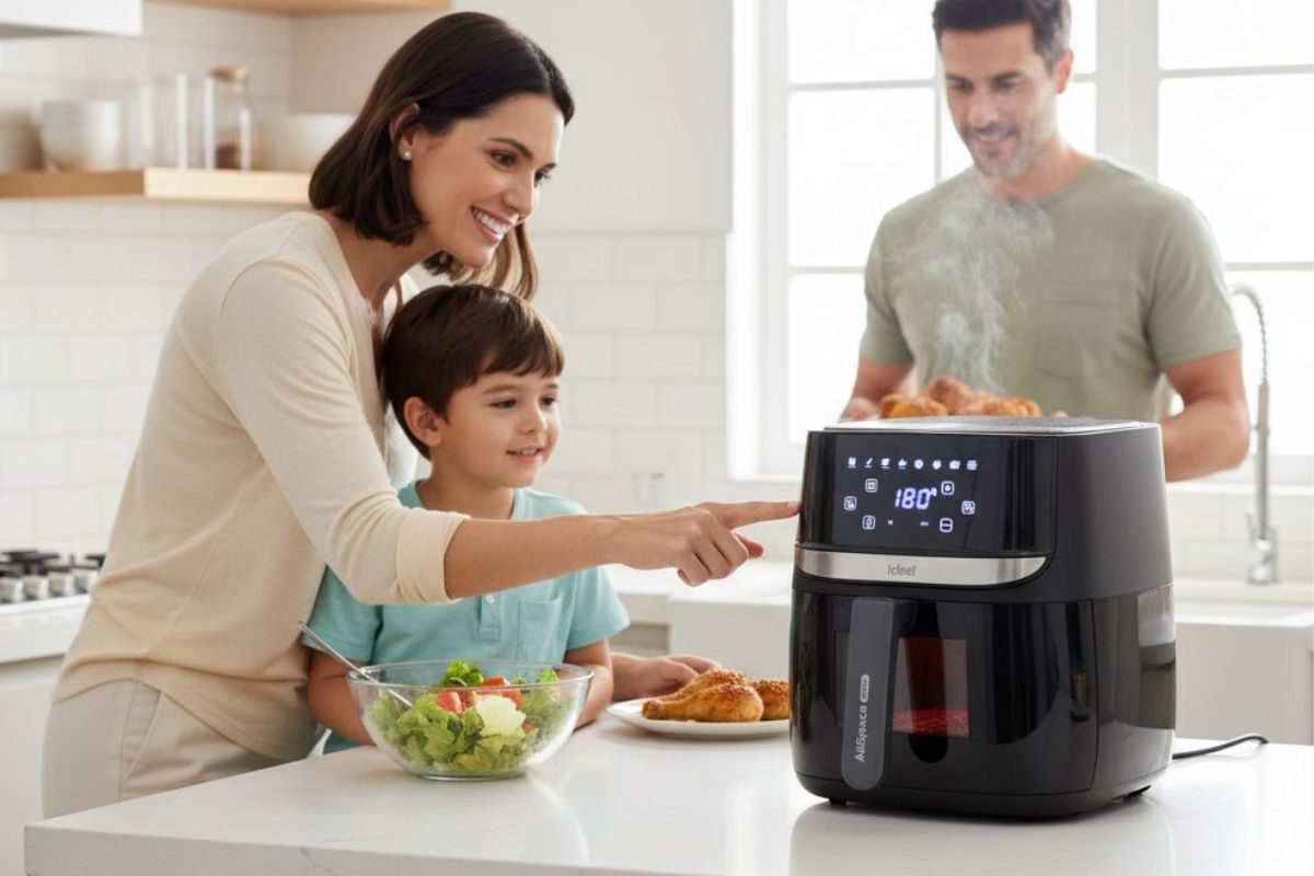 Família moderna (mãe e filho) usando a Airfryer Ichef AllSpace Vision Max na cozinha, com o pai servindo a comida, ilustrando a praticidade e a alimentação saudável para o dia a dia.