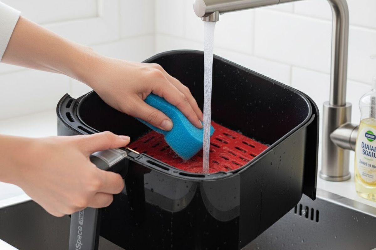Mãos limpando o cesto antiaderente removível da Airfryer Ichef AllSpace Vision Max com água e sabão na pia, destacando a facilidade de manutenção.